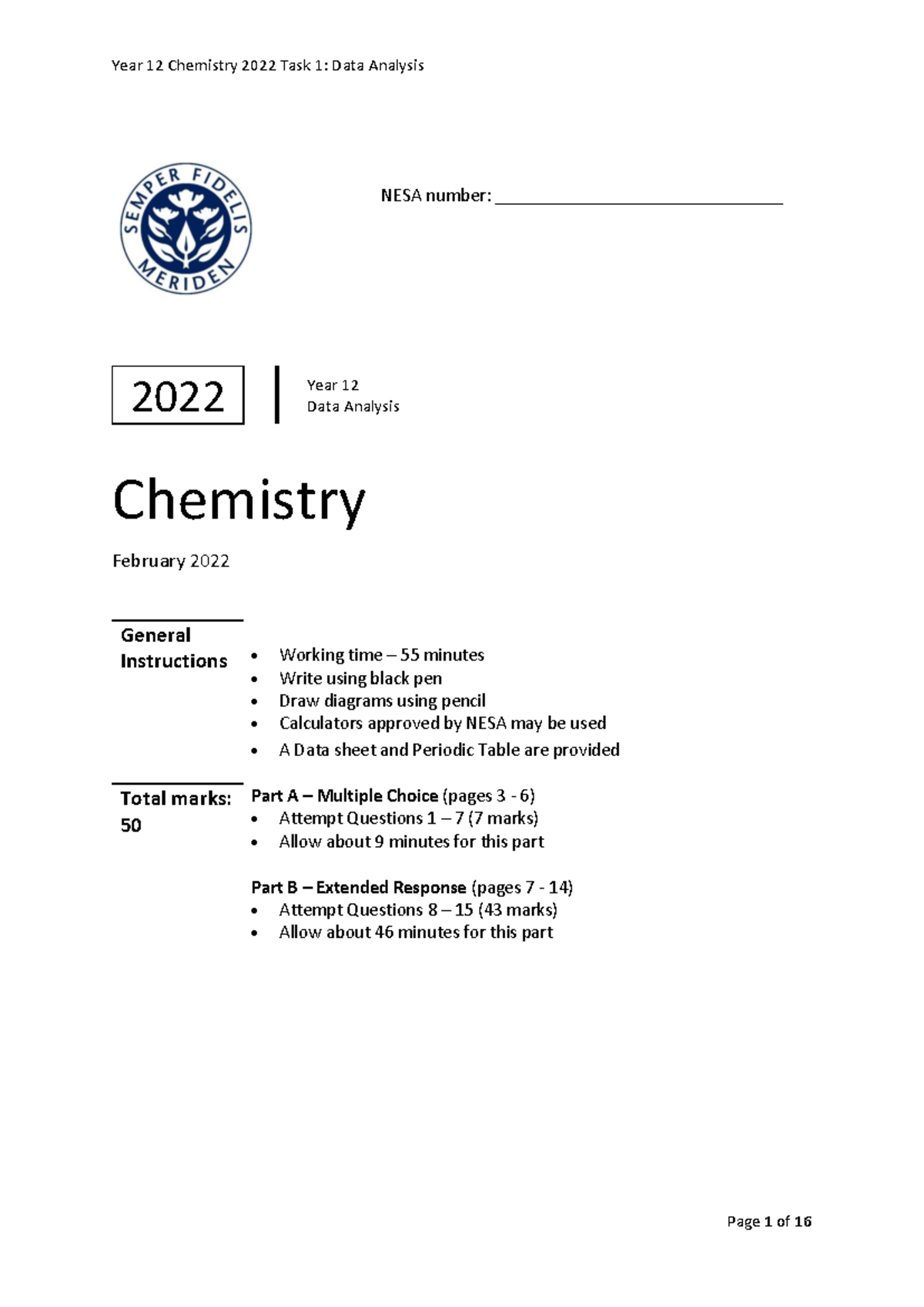Year 12 Chemistry 2022 Task 1: Data Analysis Exam Paper - Studocu