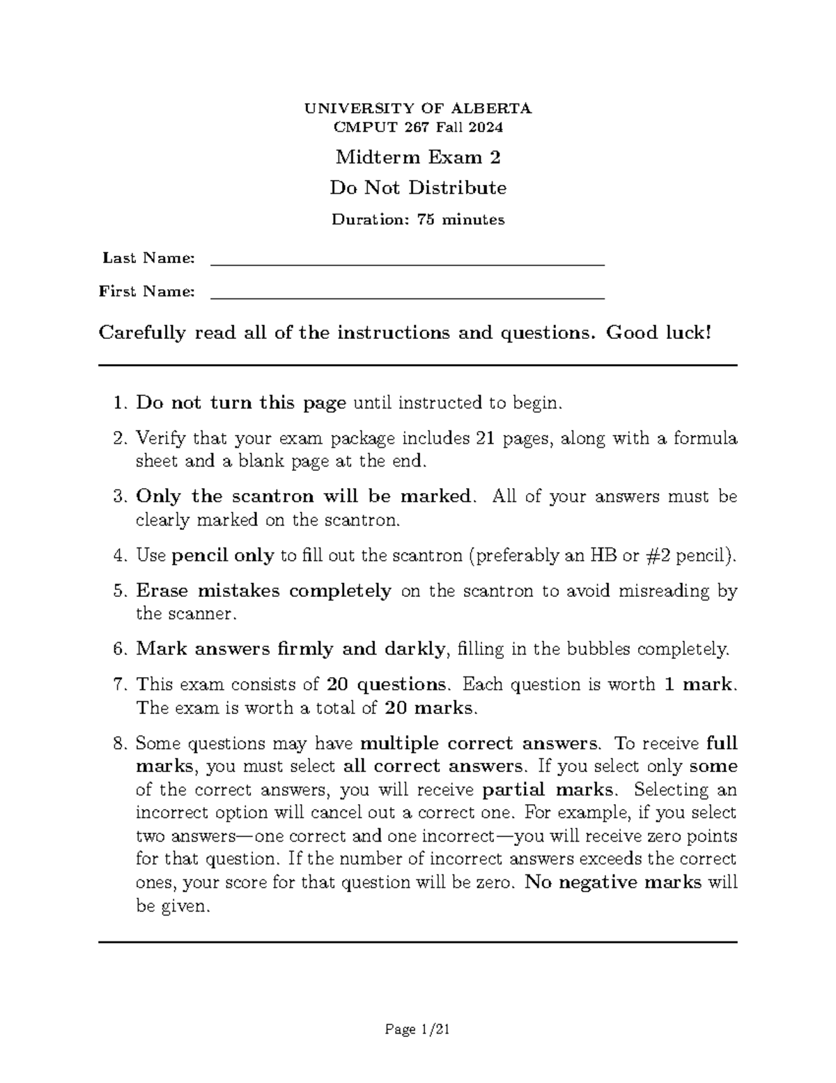 UNIVERSITY OF ALBERTA CMPUT 267 Fall 2024 Midterm Exam 2 Solutions ...