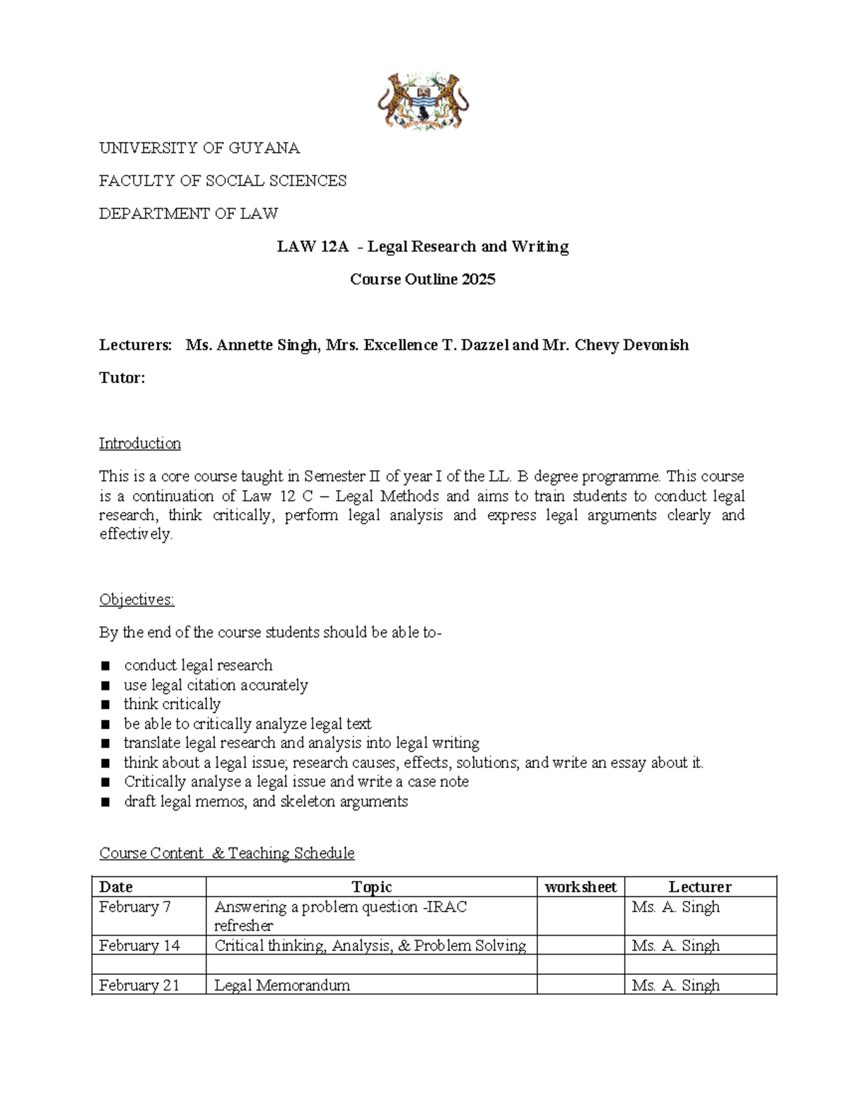 LAW 12A - Legal Research & Writing Course Outline for 2025 - Studocu