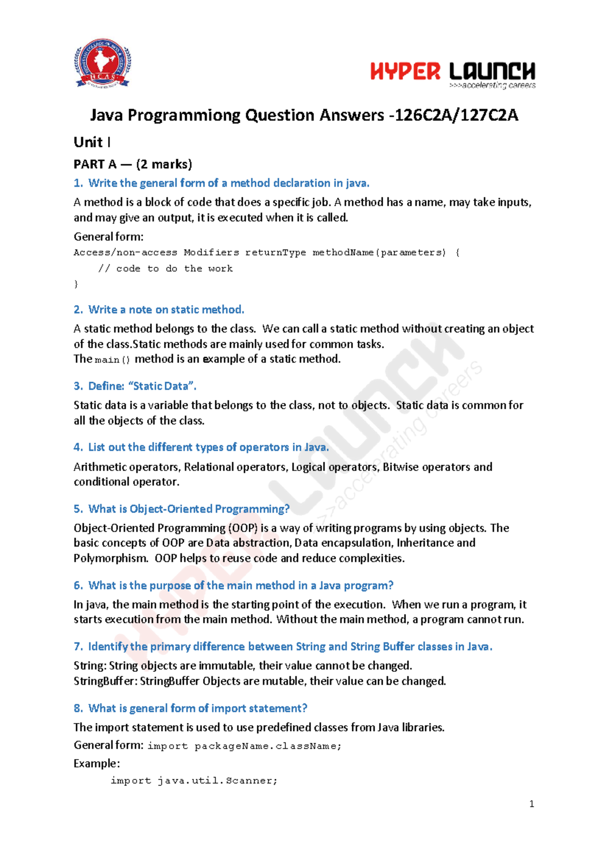 Java Programming Unit I & II Question Answers (QA1) - Studocu