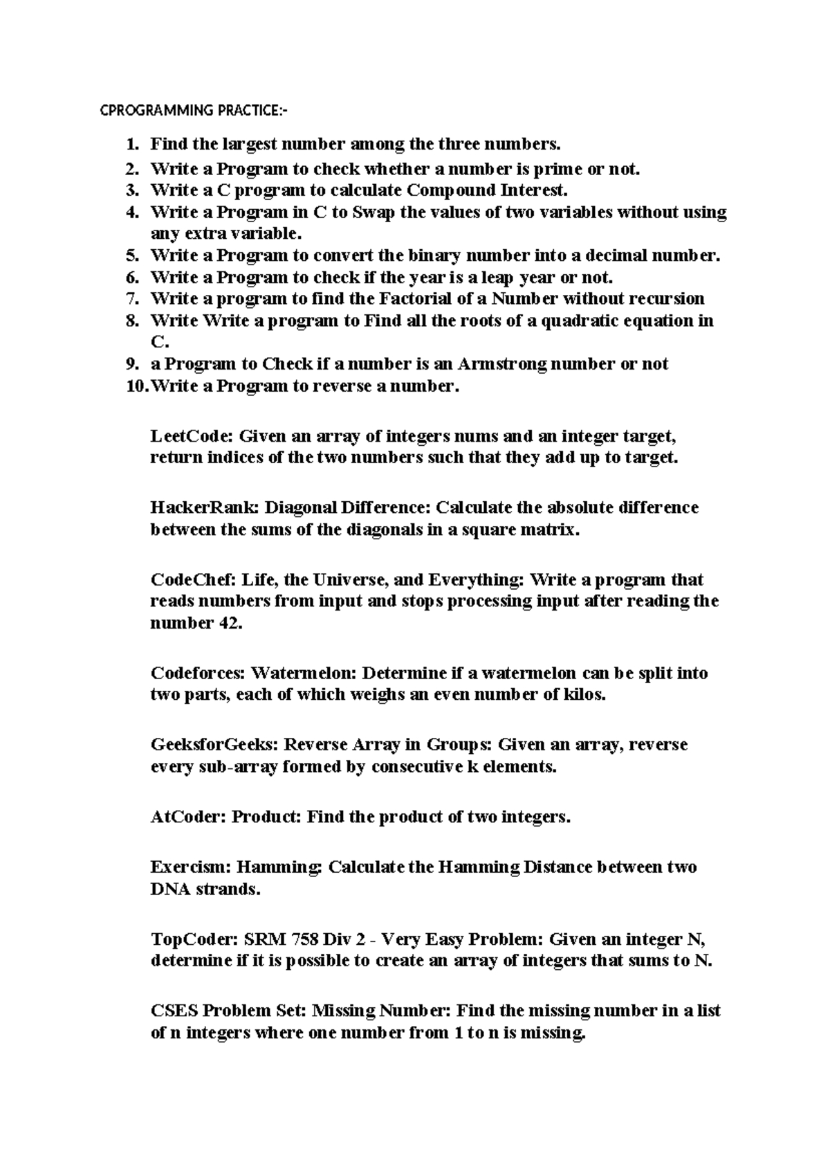 Cprogramming Practice introduction - CPROGRAMMING PRACTICE:- 1. Find ...