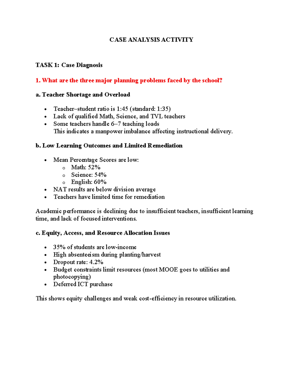 CASE ANALYSIS ACTIVITY TASK 1: School Planning Problems - Studocu