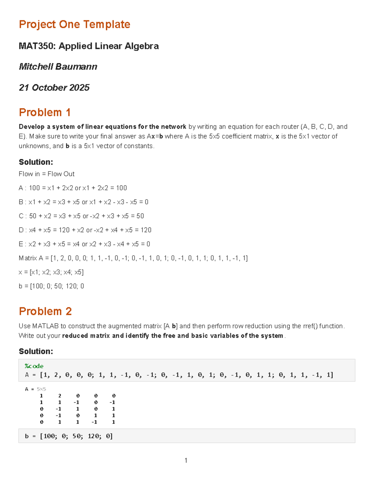 Project One Complete MAT350: Applied Linear Algebra Solutions - Studocu