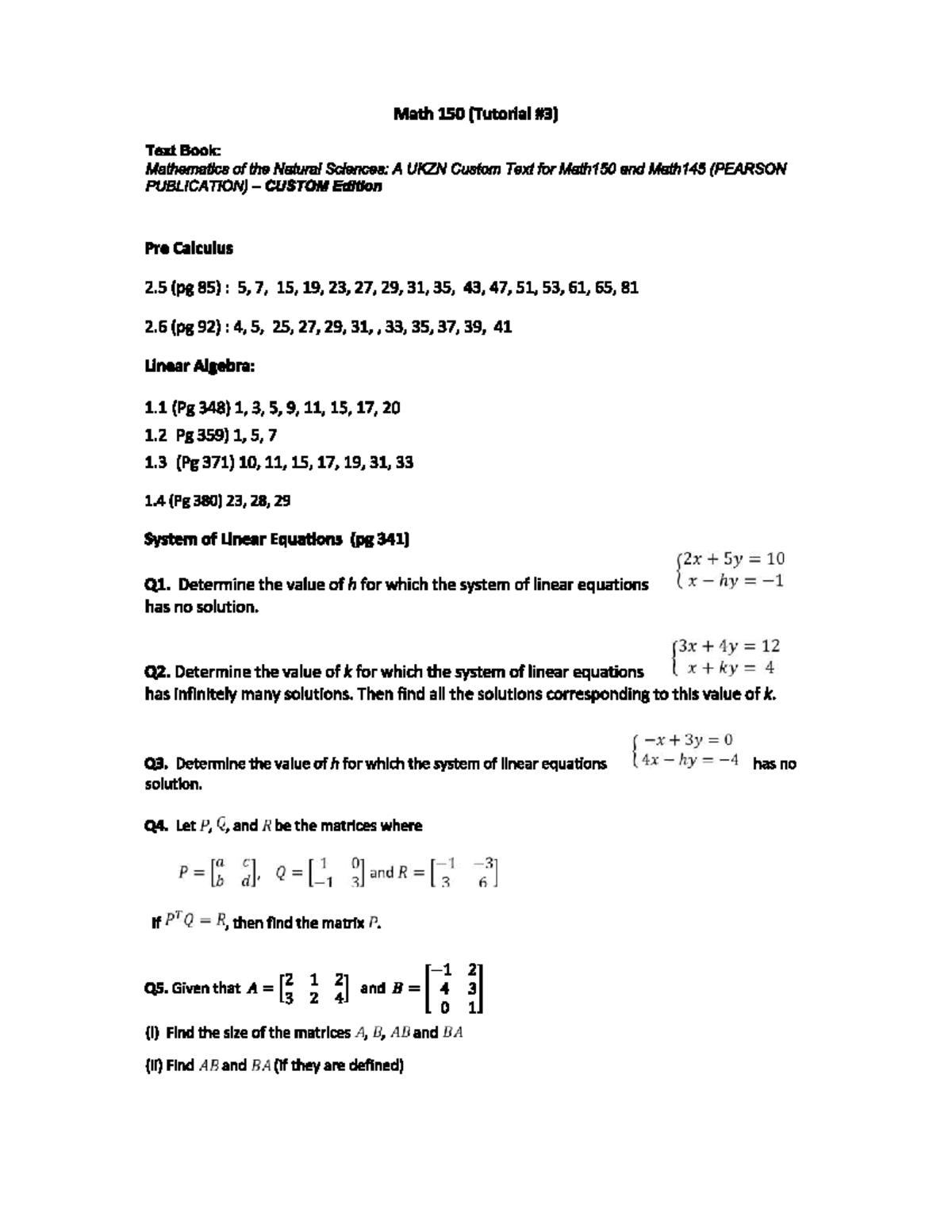 Math 150: Tutorial 3 Class Work on Precalculus & Linear Algebra - Studocu
