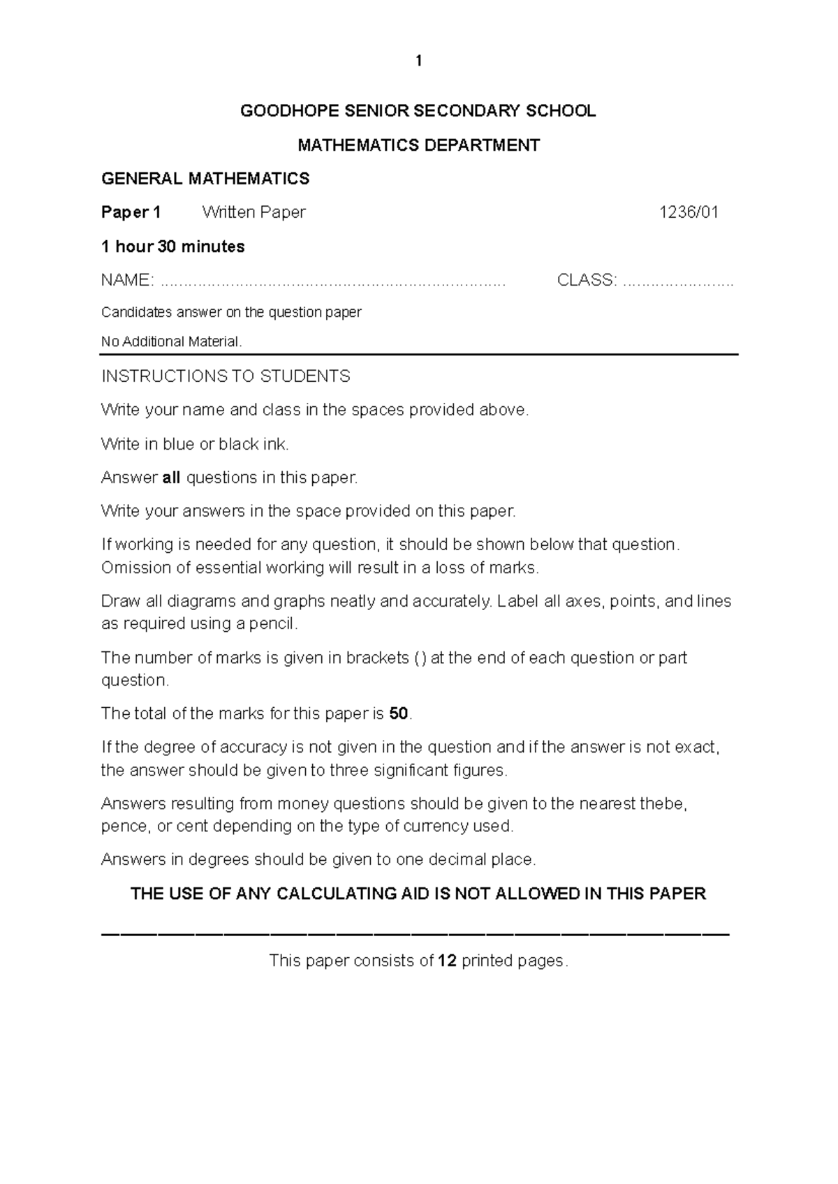 Goodhope SS Mathematics Dept. General Math Paper 1 Exam - Studocu