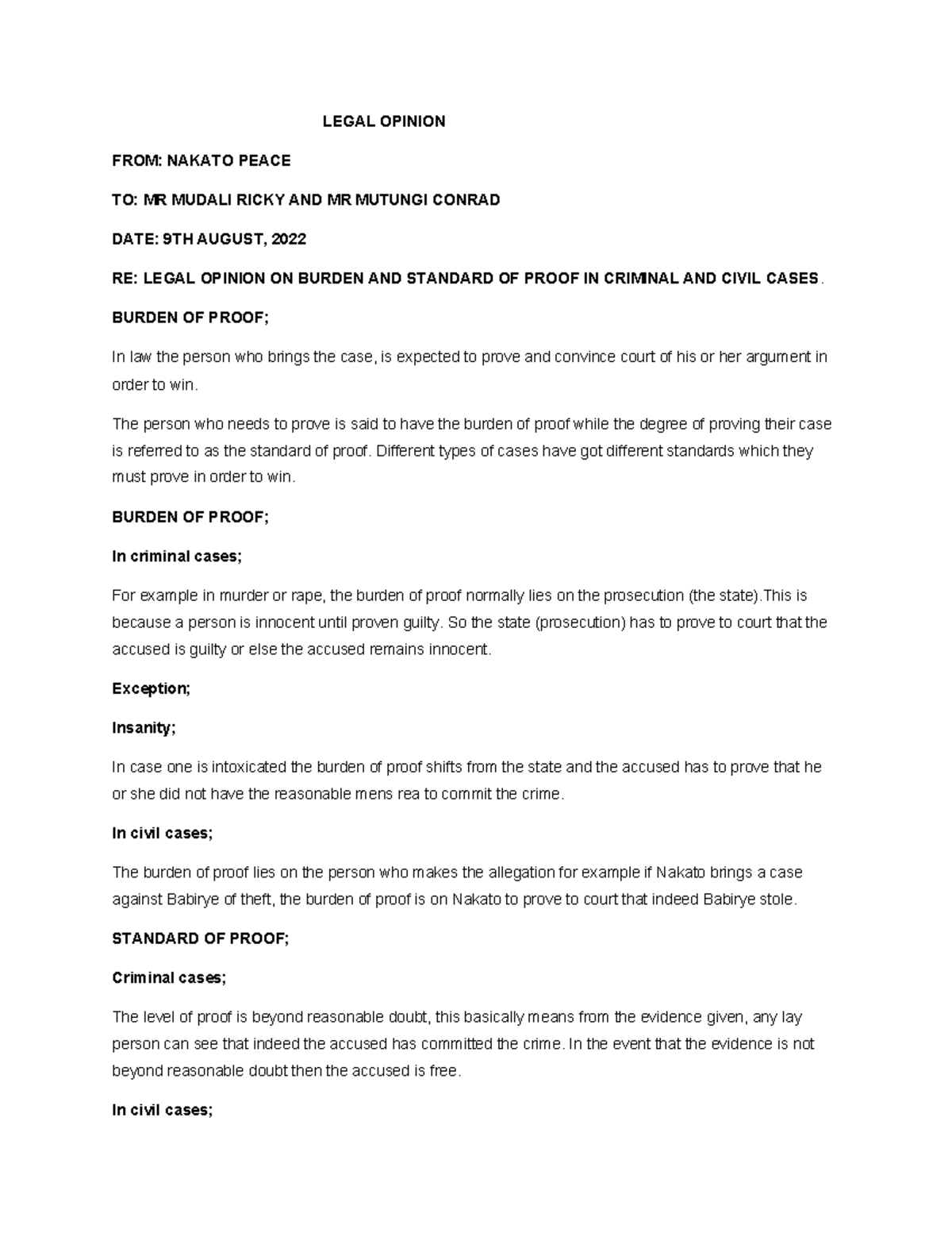 Legal Opinion: Burden & Standard of Proof in Criminal & Civil Cases ...