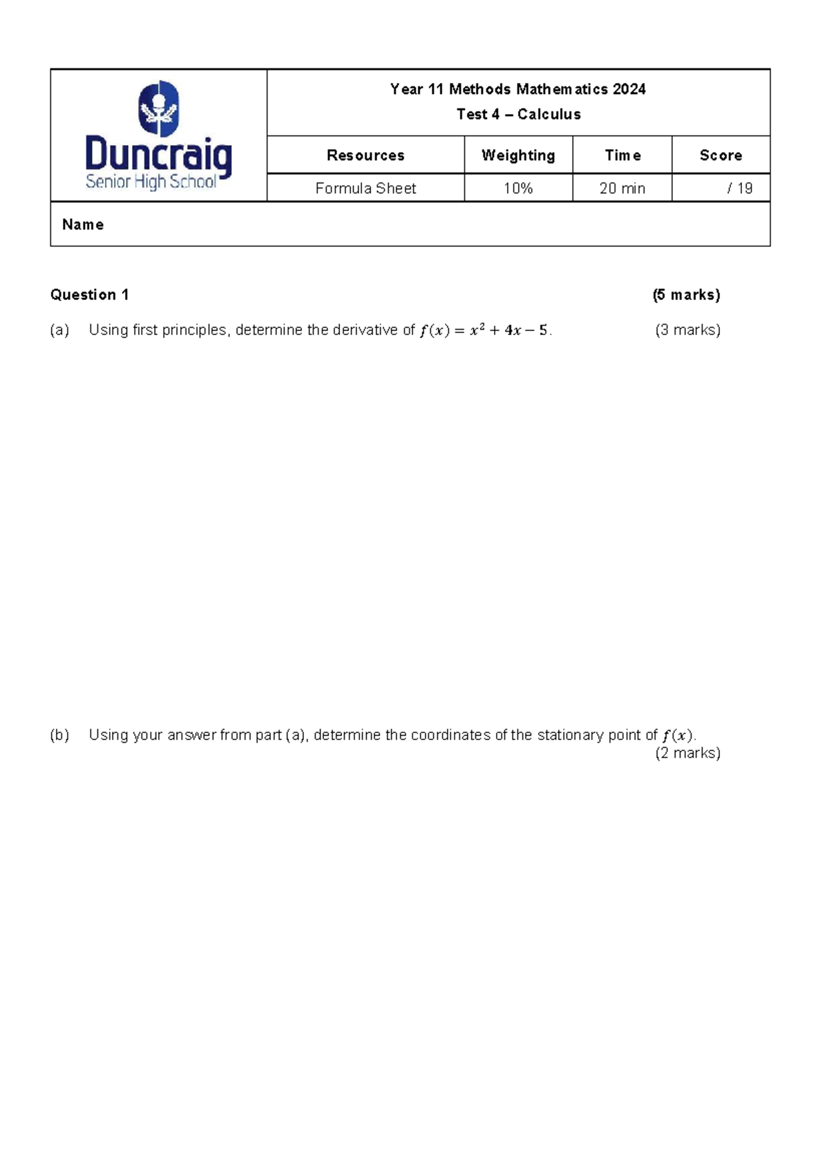 Yr11 Methods Math Test 4 - Calculus Resources 2024 - Studocu