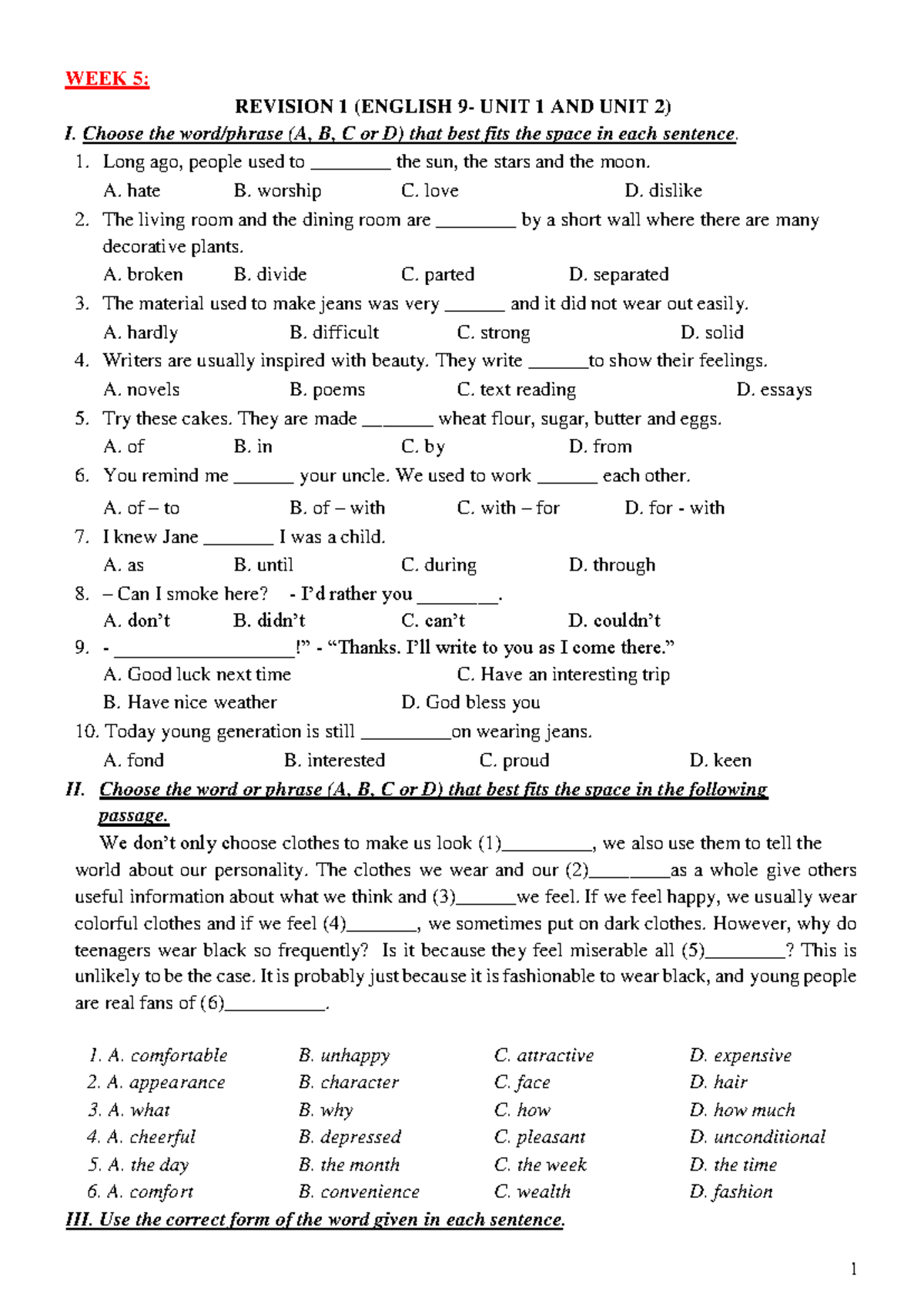 Av9-tuan-5 31020217373 - WEEK 5: REVISION 1 (ENGLISH 9- UNIT 1 AND UNIT ...