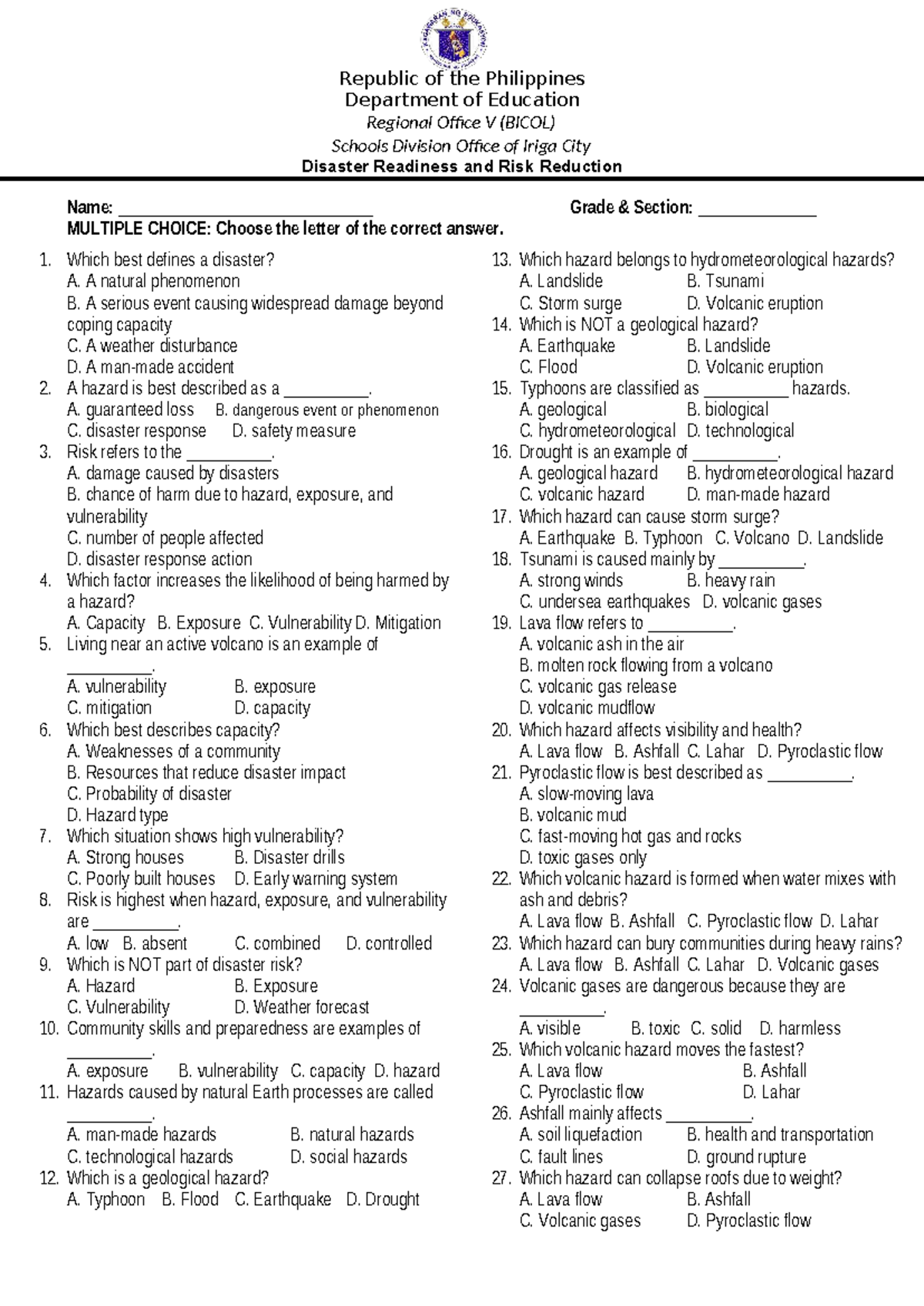 DRRR 3rd Quarter Exam: Sample Multiple Choice Questions - Studocu