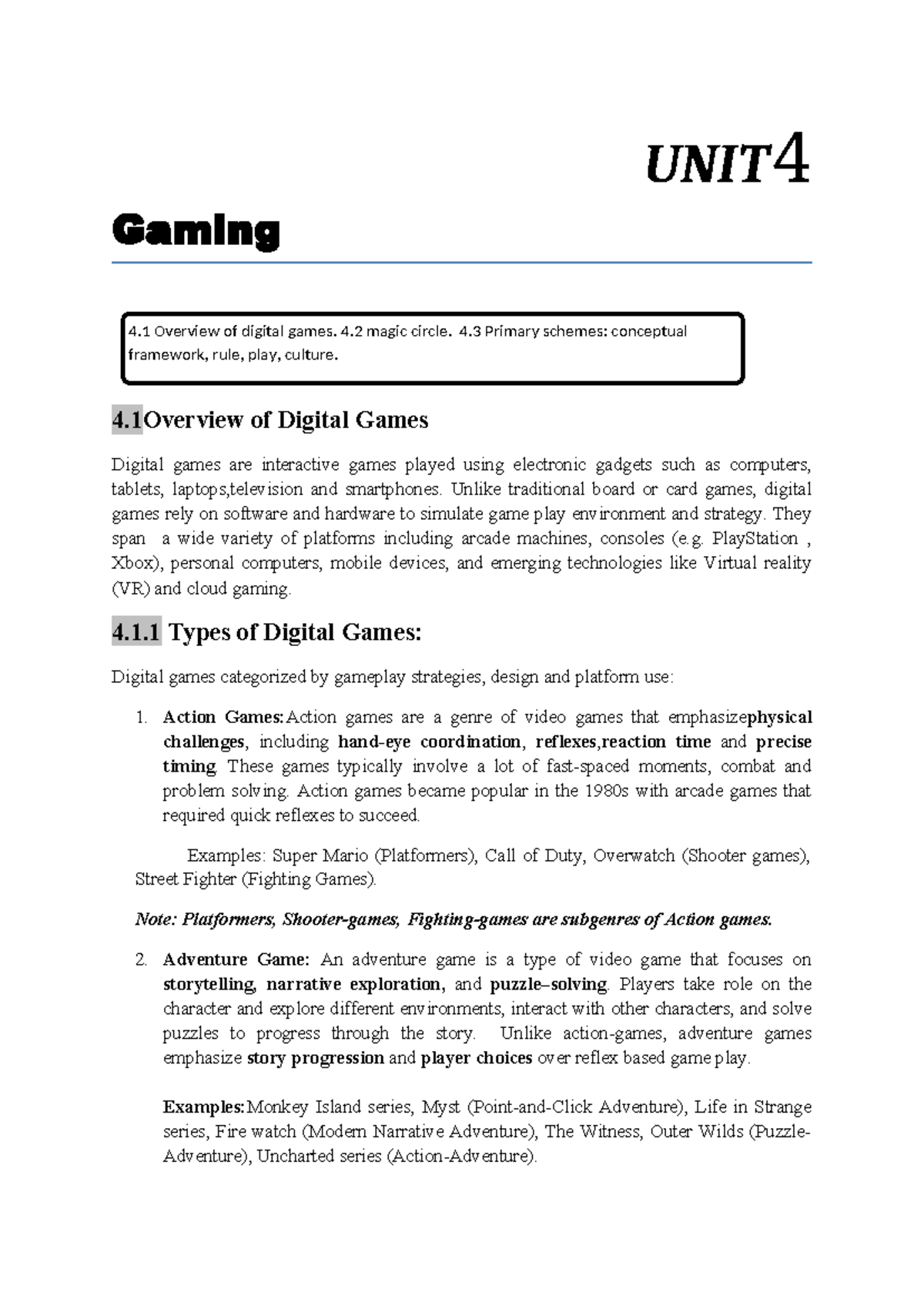 Gaming UNIT4: Chapter 4 Overview of Digital Games and Concepts - Studocu