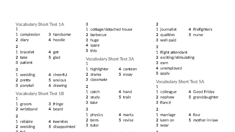 Answer Key for Vocabulary Short Tests 1A to 12A - Studocu