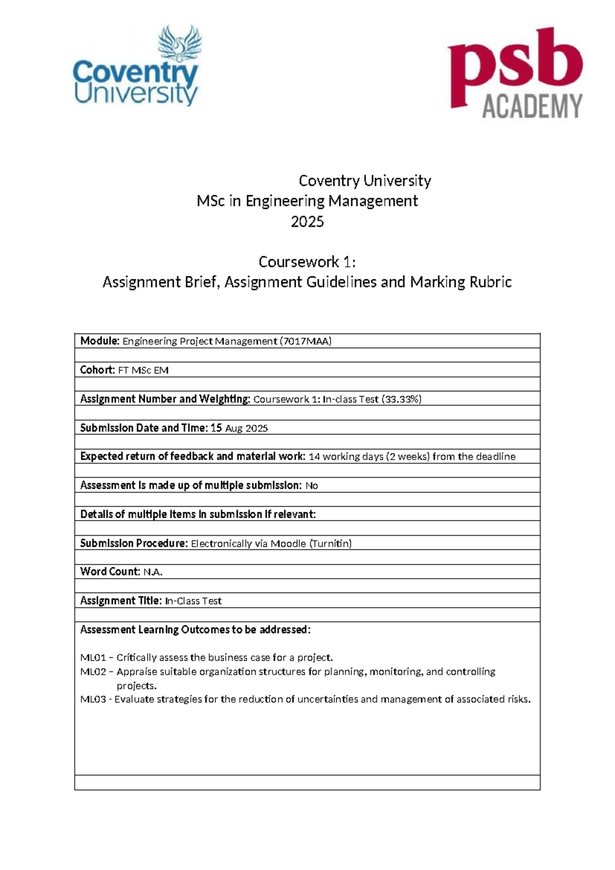 MSc Engineering Management (7017MAA) Coursework 1: Test Assessment ...