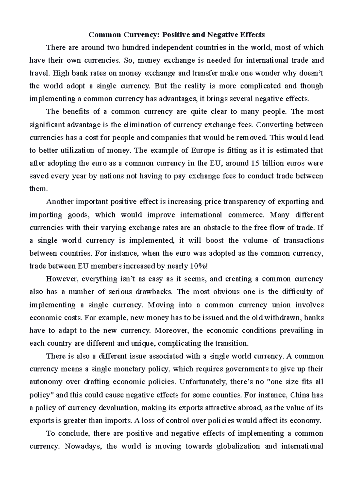 English Essay: Economic Pros and Cons of Common Currency - Studocu