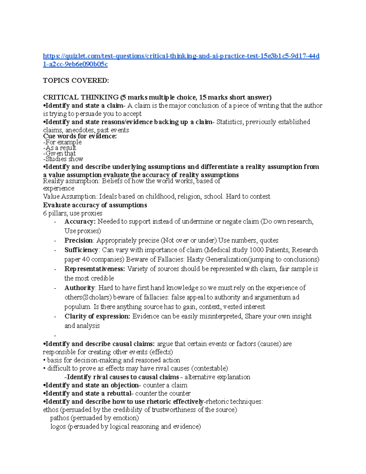 Critical Thinking & AI Final Study Guide - CTH 101 - Studocu