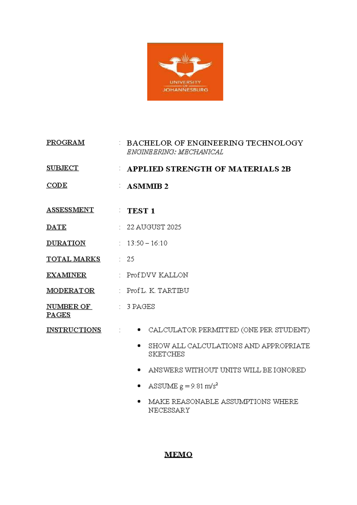 ASMMIB 2 Test 1 2025 - Applied Strength of Materials Memo - Studocu