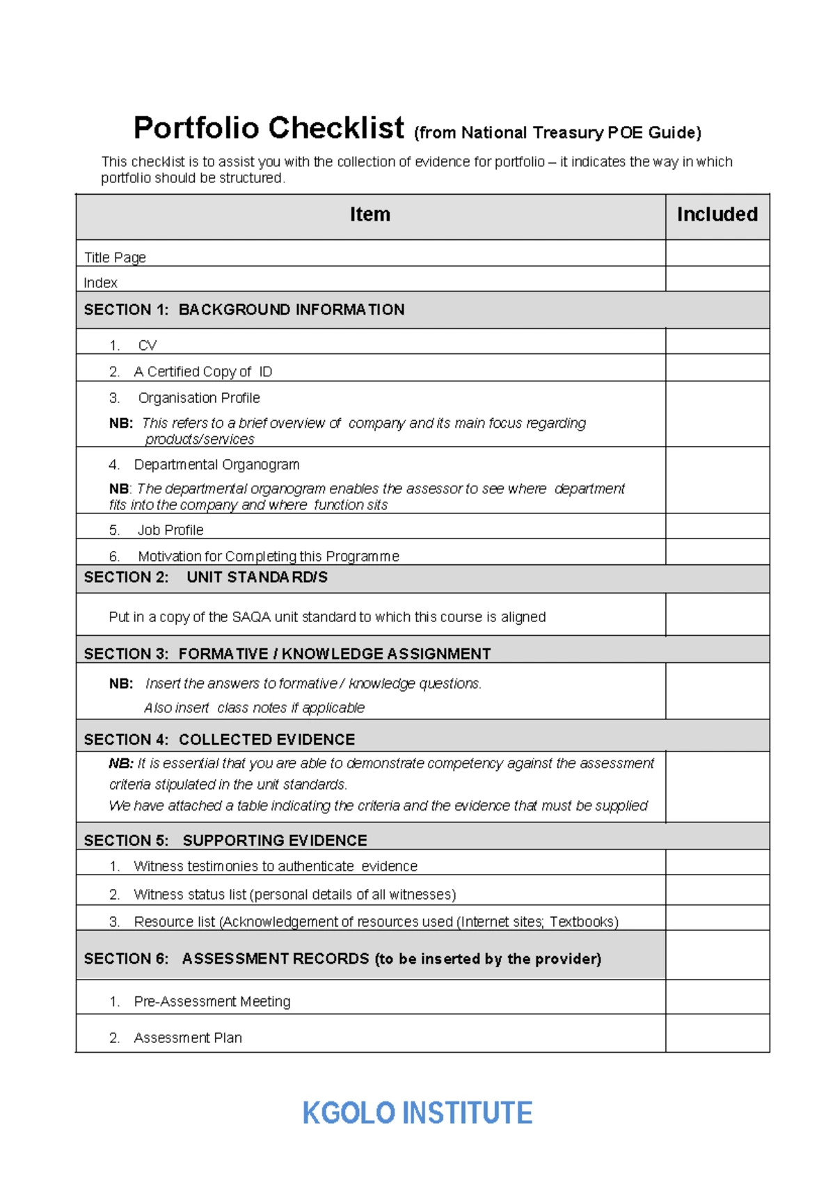 Portfolio of Evidence Checklist for US 116347 - MFMP - Studocu