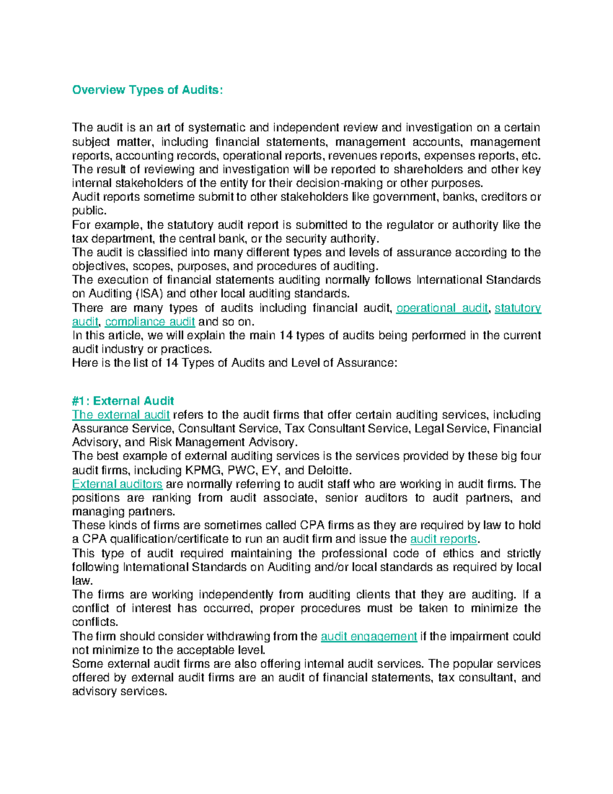 Types of Audits: Overview and Analysis in Contemporary Literature - Studocu