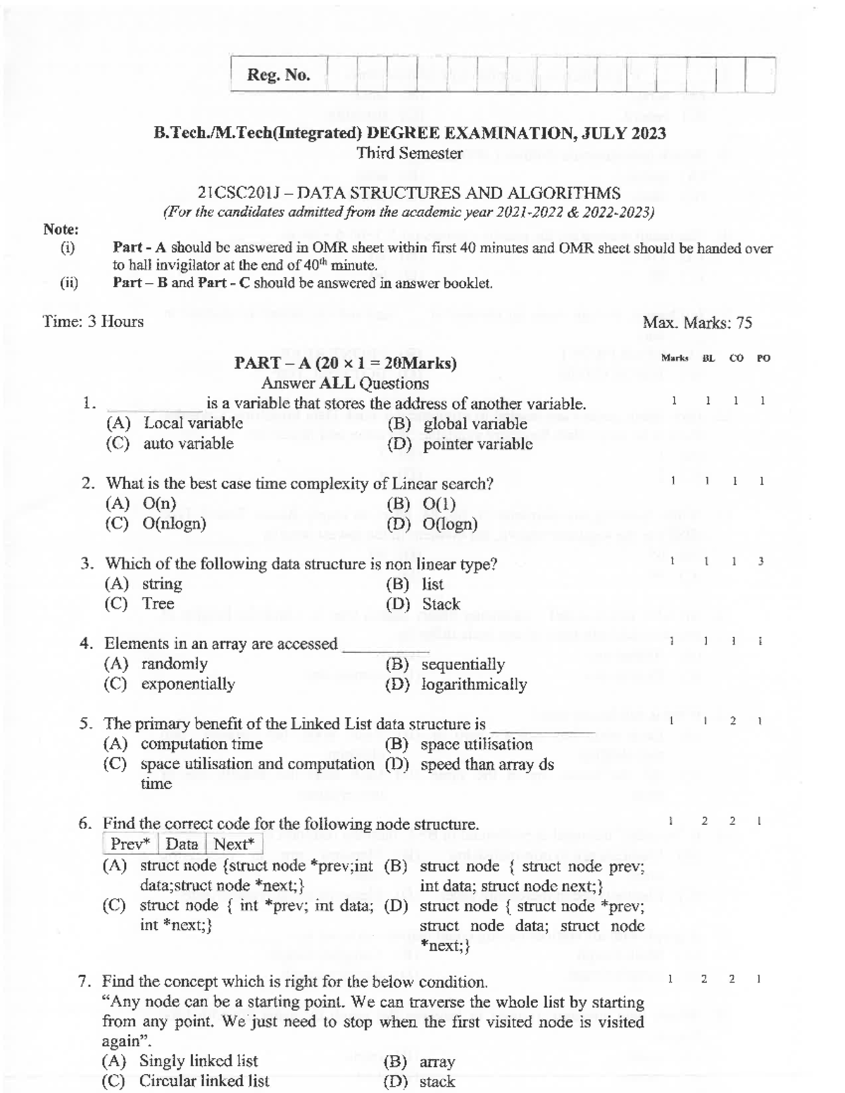 2PYQ OF DATA STRUCTURES - Reg. No. DEGREE EXAMINATION, JULY 2023 Third ...