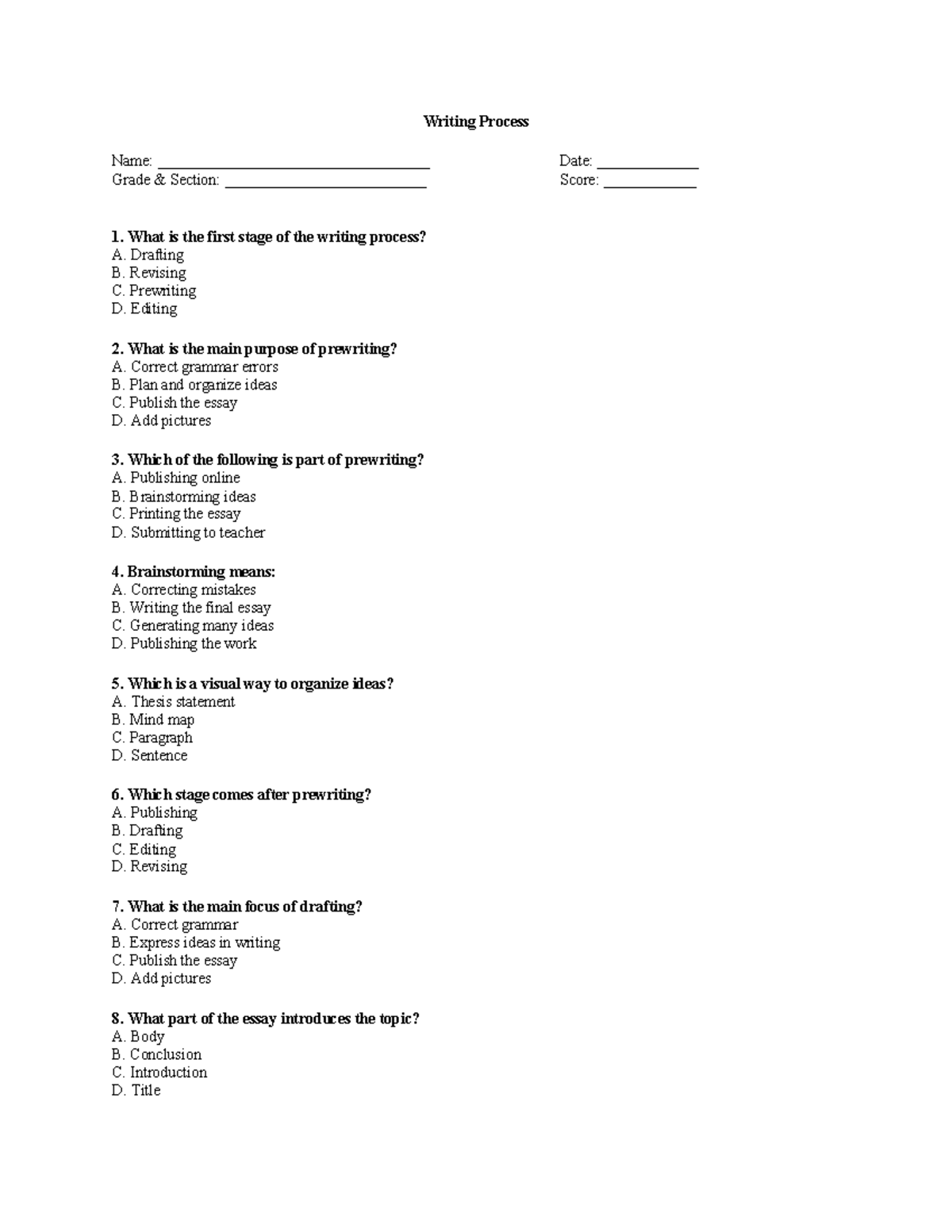 Writing Process Quiz: Understanding Stages and Techniques - Studocu