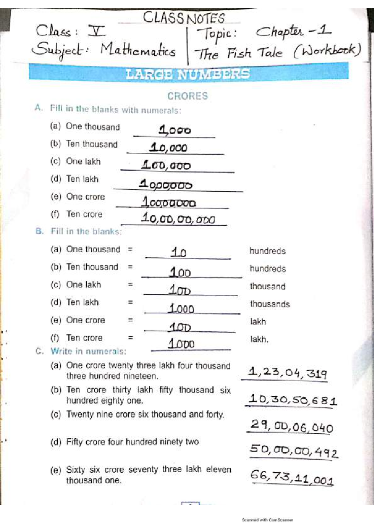 Mathematics Class Notes: Large Numbers & Workbook Exercises (Class V ...