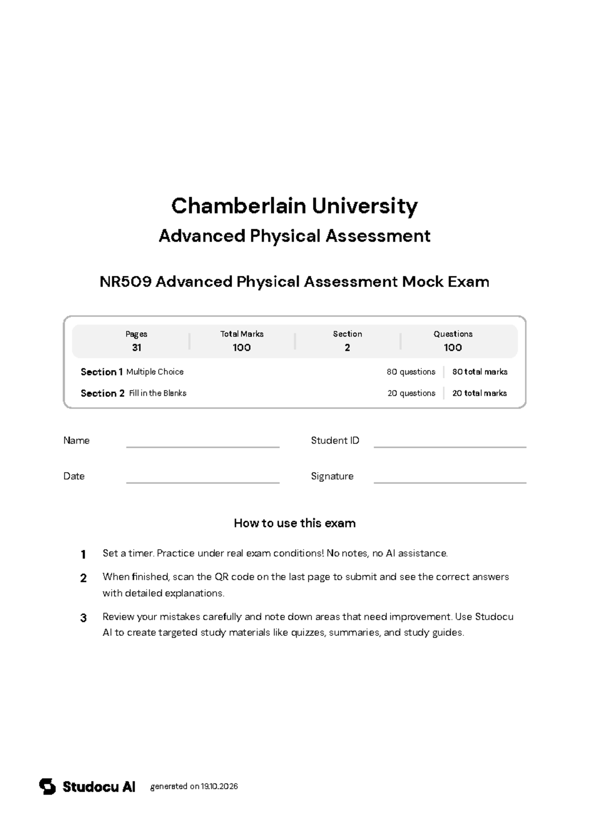 NR509 Advanced Physical Assessment Mock Exam - Studocu