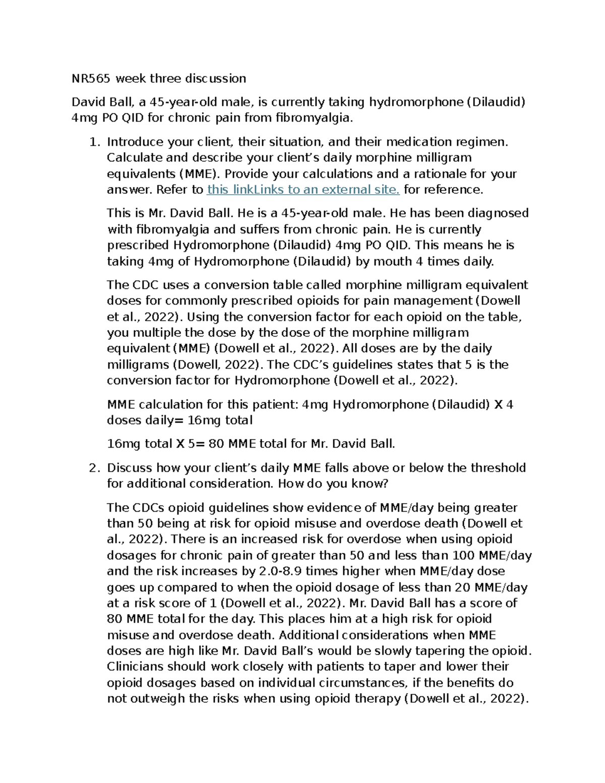 NR565 Week 3 Discussion: Evaluating Opioid Therapy for David Ball - Studocu