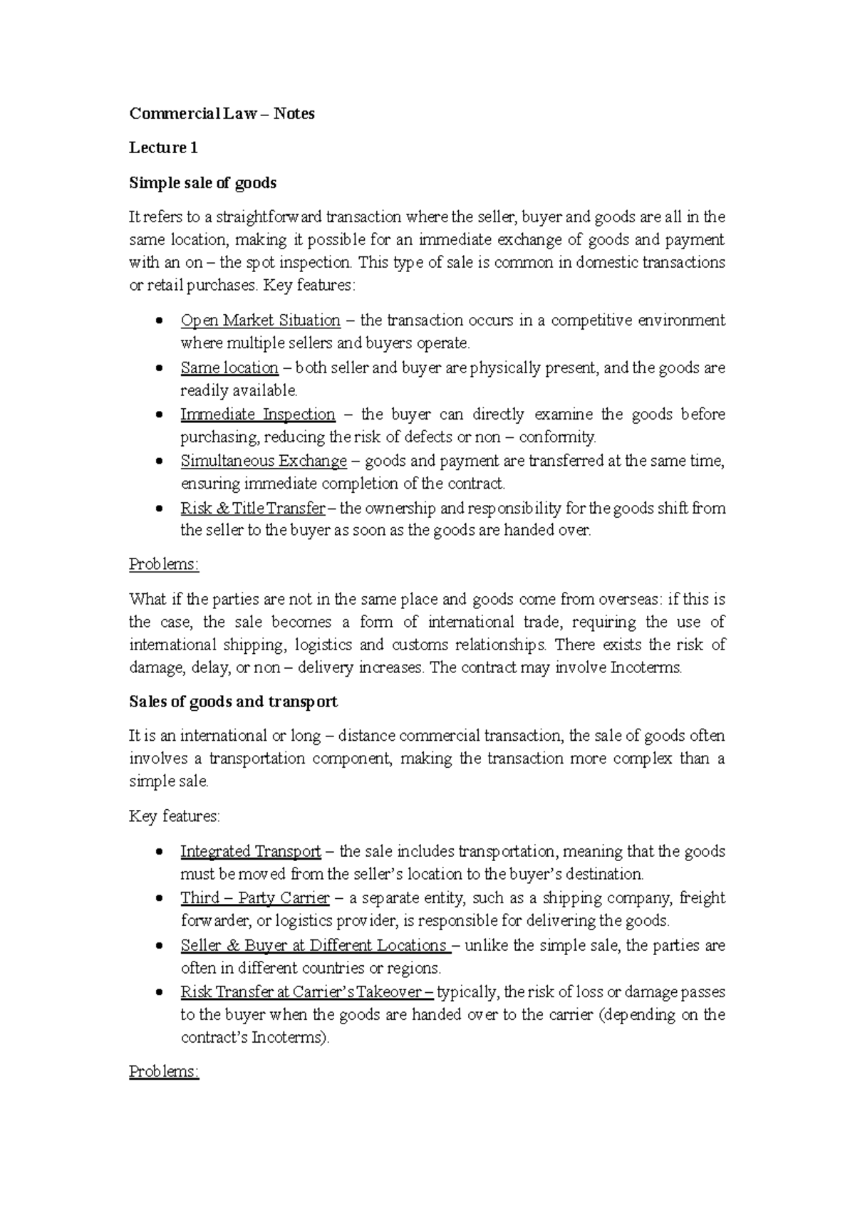 RB20 - Commercial Law Lecture Notes: Simple Sale of Goods and Transport ...