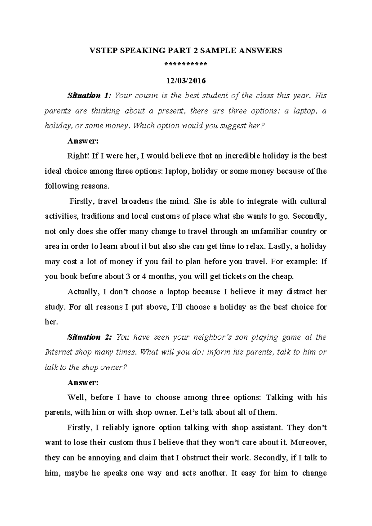 1088772 - Great - VSTEP SPEAKING PART 2 SAMPLE ANSWERS ********** 12/03 ...