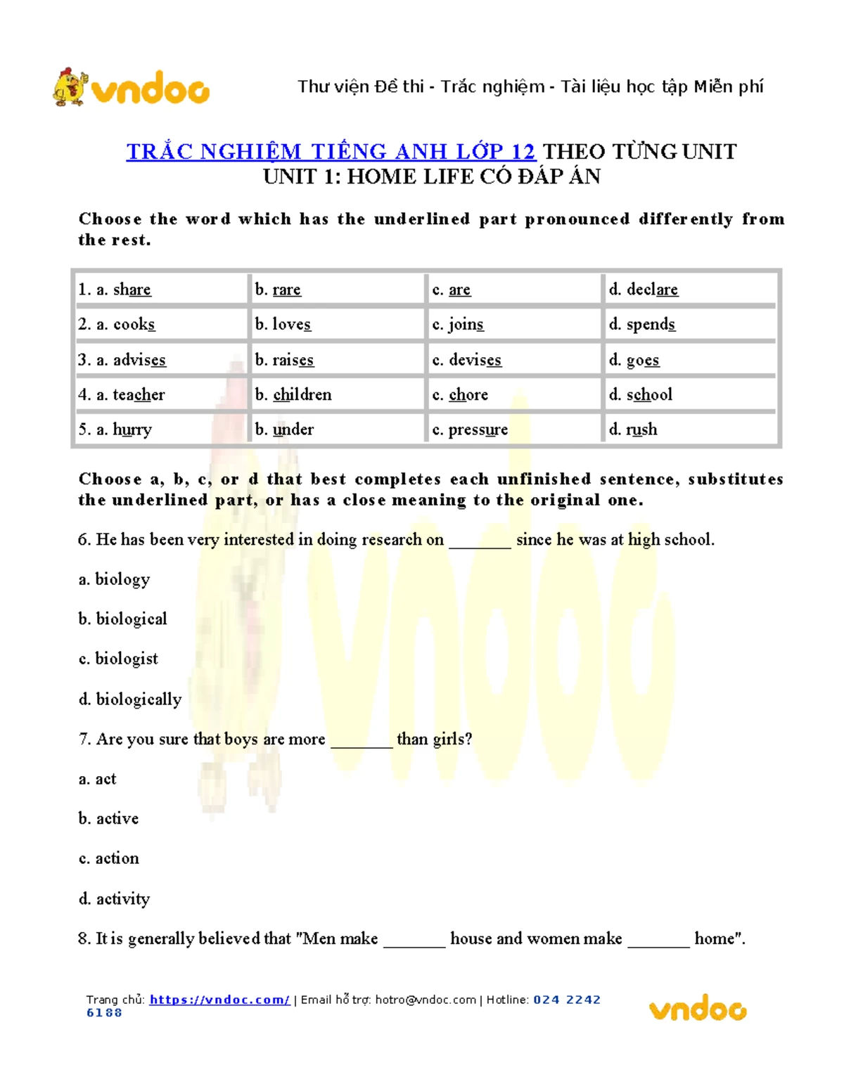 Bài tập trắc nghiệm tiếng Anh lớp 12 Unit 1 có đáp án - Studocu