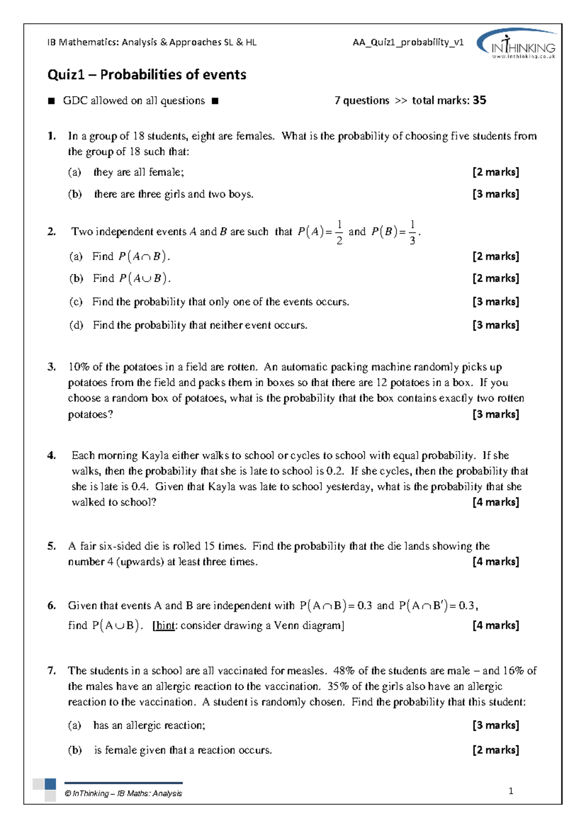 IB Math: Analysis SL HL AA Quiz 1 - Probability Concepts and Problems ...