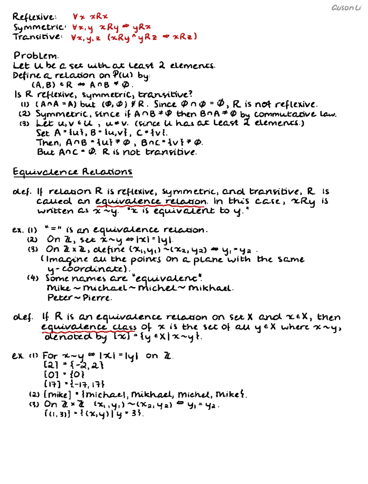 Lecture 8 - Logic, Proofs, Sets - Reflexive htx xRx Symmetric htx y xRy ...