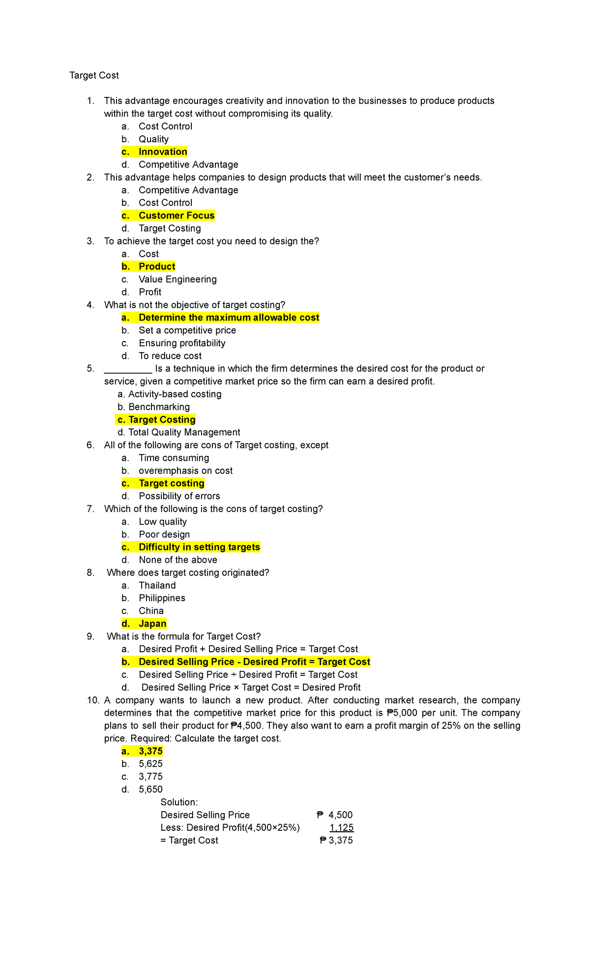 Questions - Practice Test for target costing - Target Cost This ...