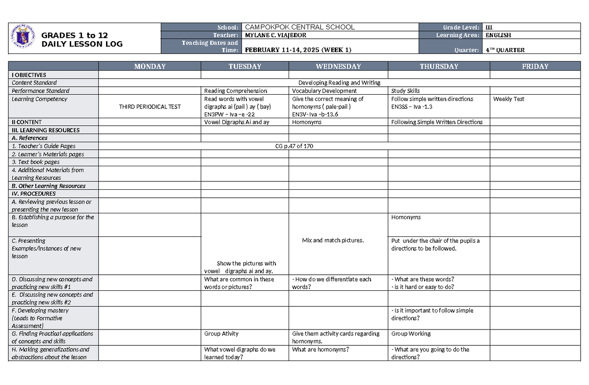 DLL English 3 Q4 W1 - GRADES 1 to 12 DAILY LESSON LOG School: CAMPOKPOK ...