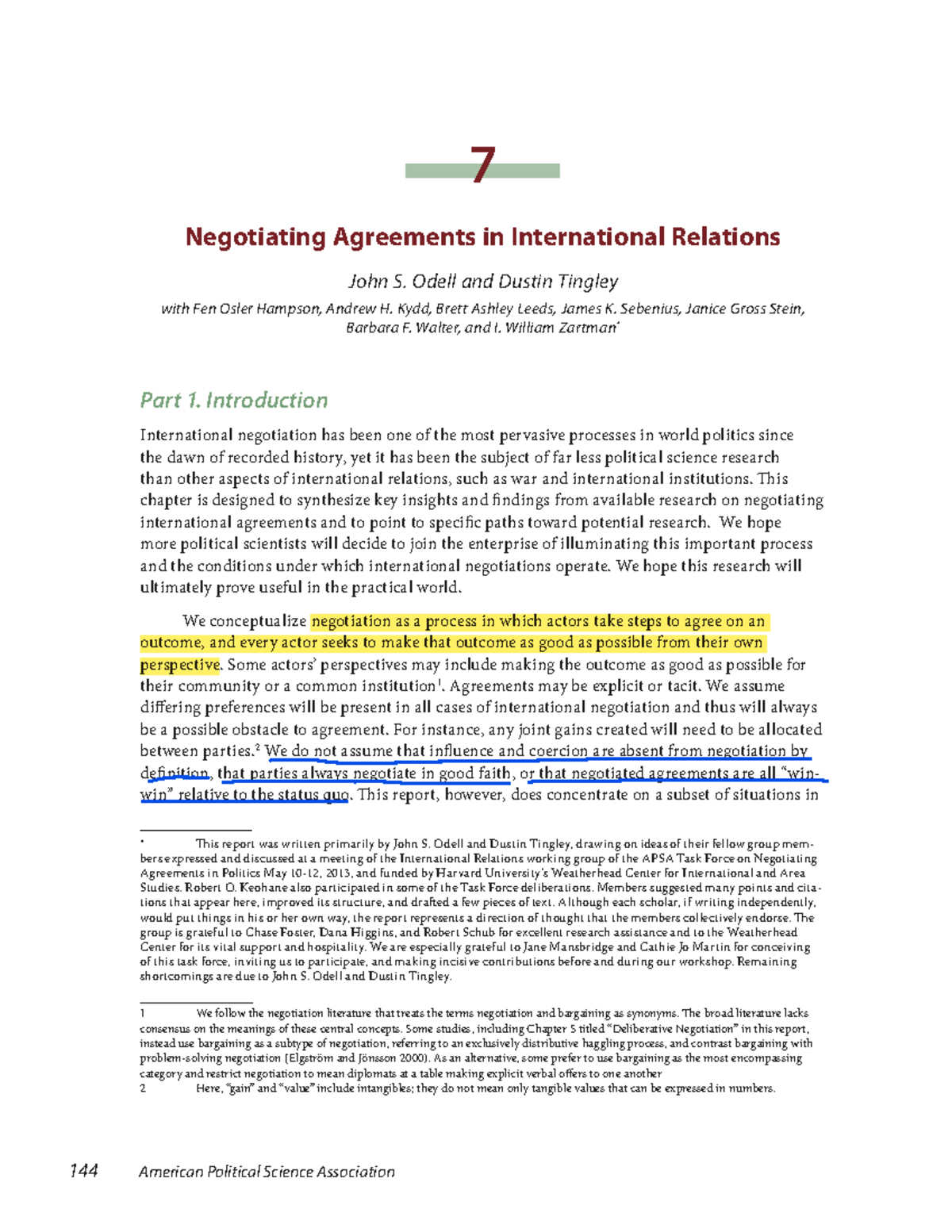 Negotiating Agreements in International Relations: Chapter 7 Analysis ...
