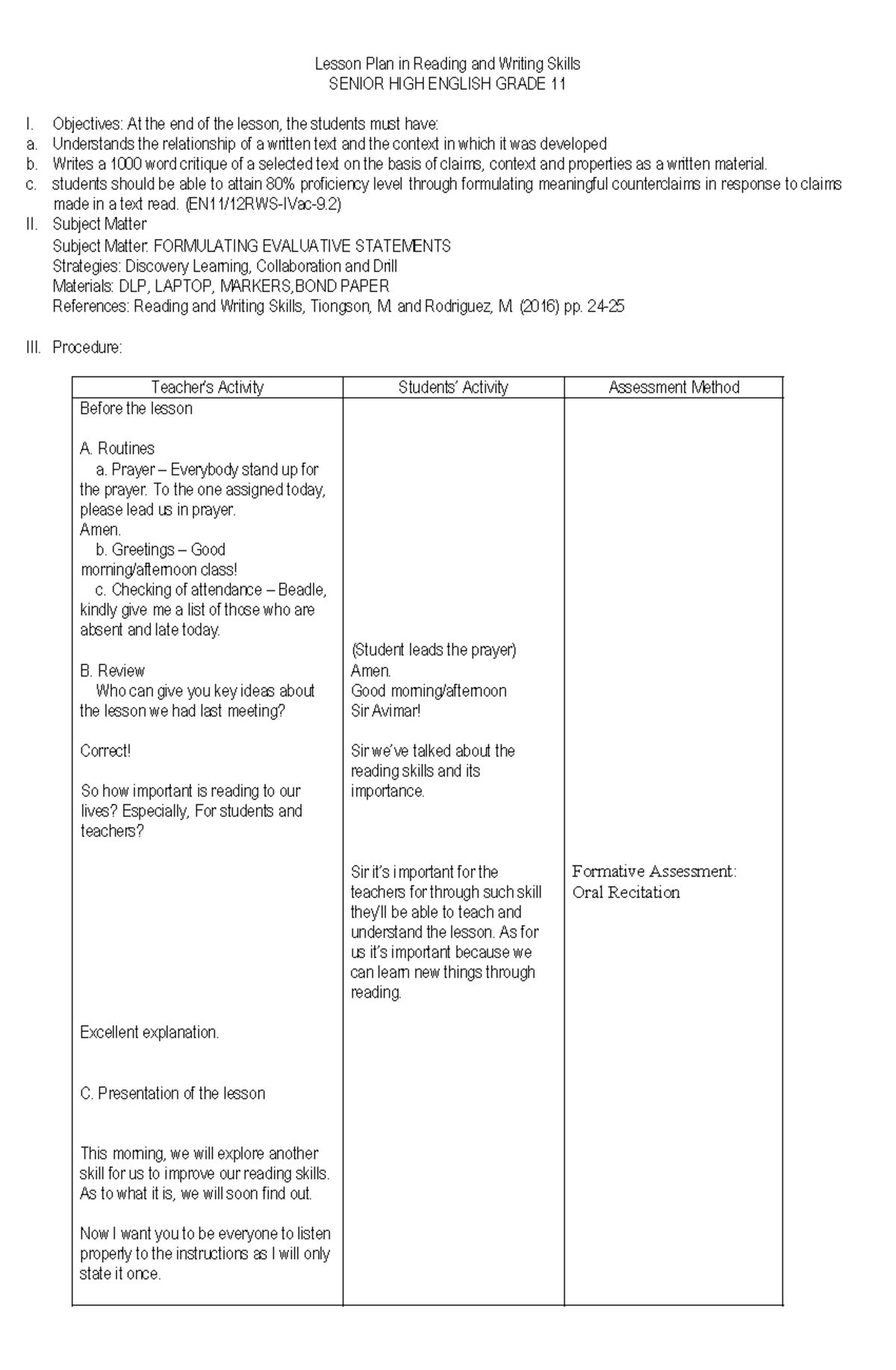EN11/12 RWS Lesson Plan: Reading & Writing Skills for Grade 11 - Studocu