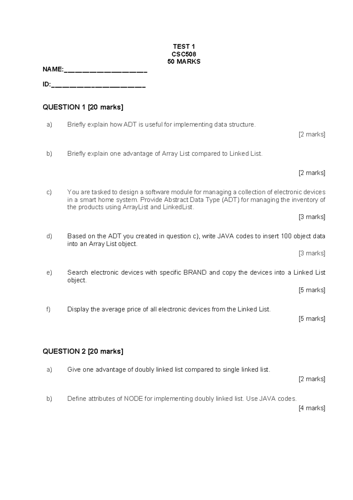 TEST 1 CSC508: ADT & Data Structures Implementation Exercise - Studocu