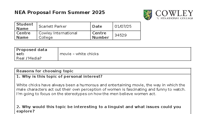 NEA Proposal Form: Language & Gender in 