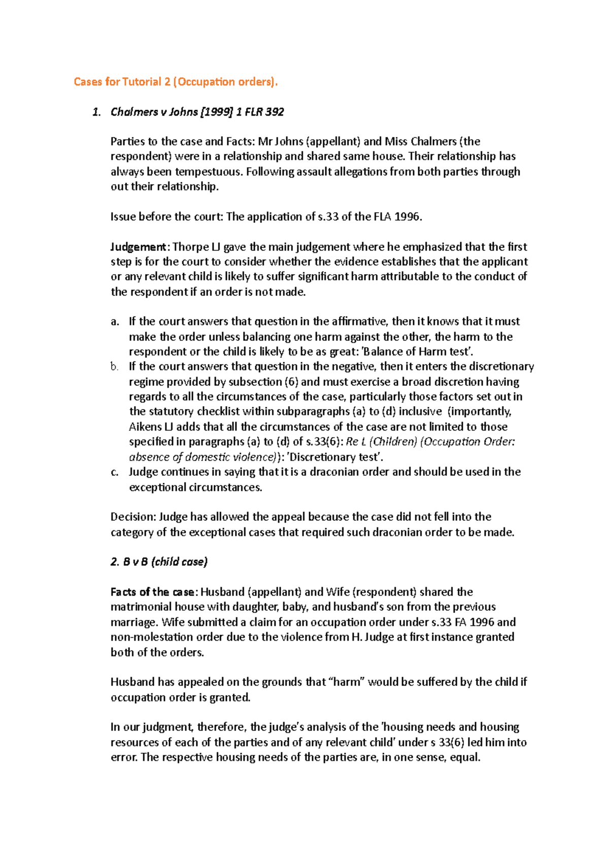 Cases for Family Law: Occupation Orders in Practice (Tutorial 2) - Studocu