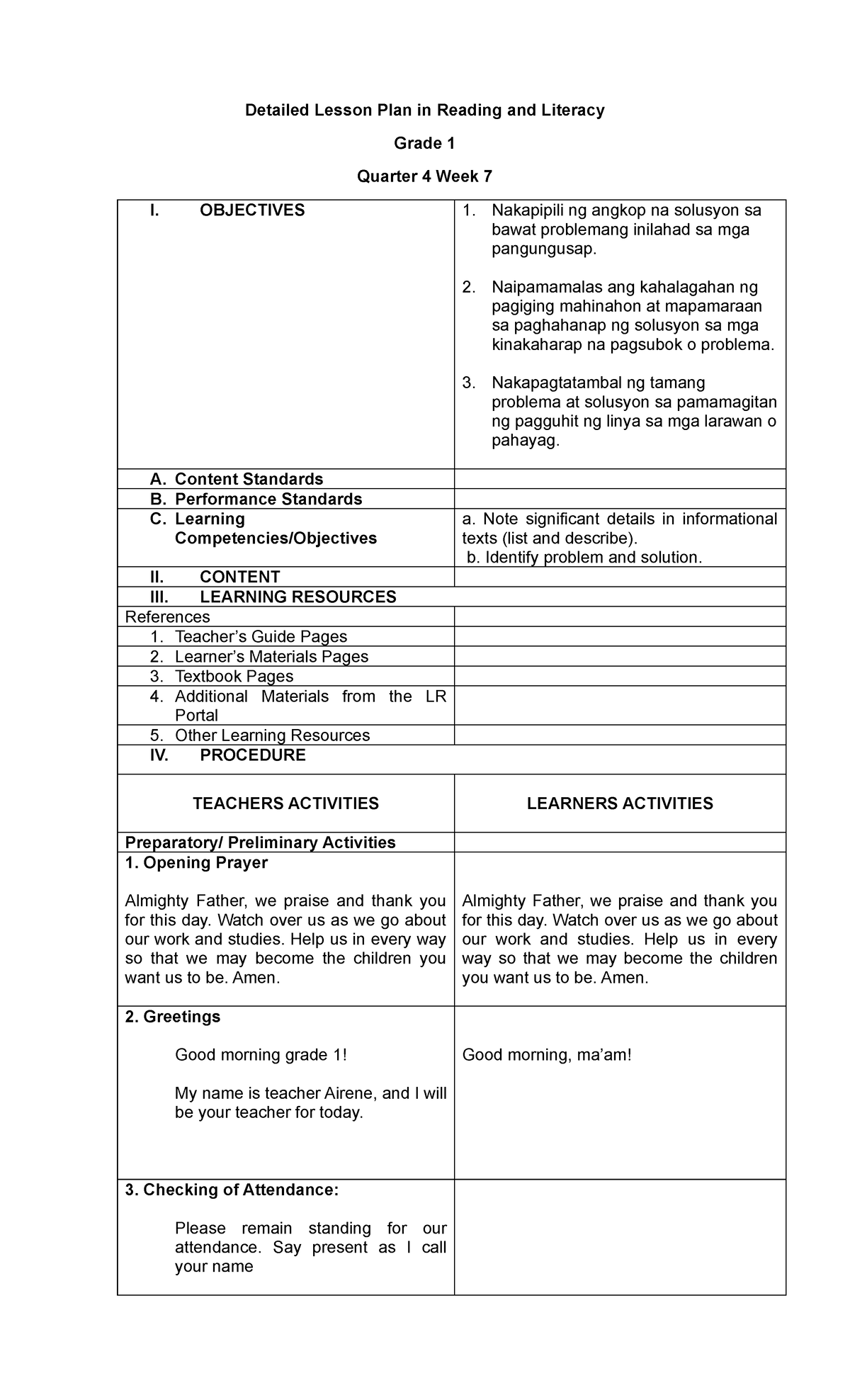 Detailed Lesson Plan in Reading & Literacy (Grade 1, Q4 W7) - Studocu