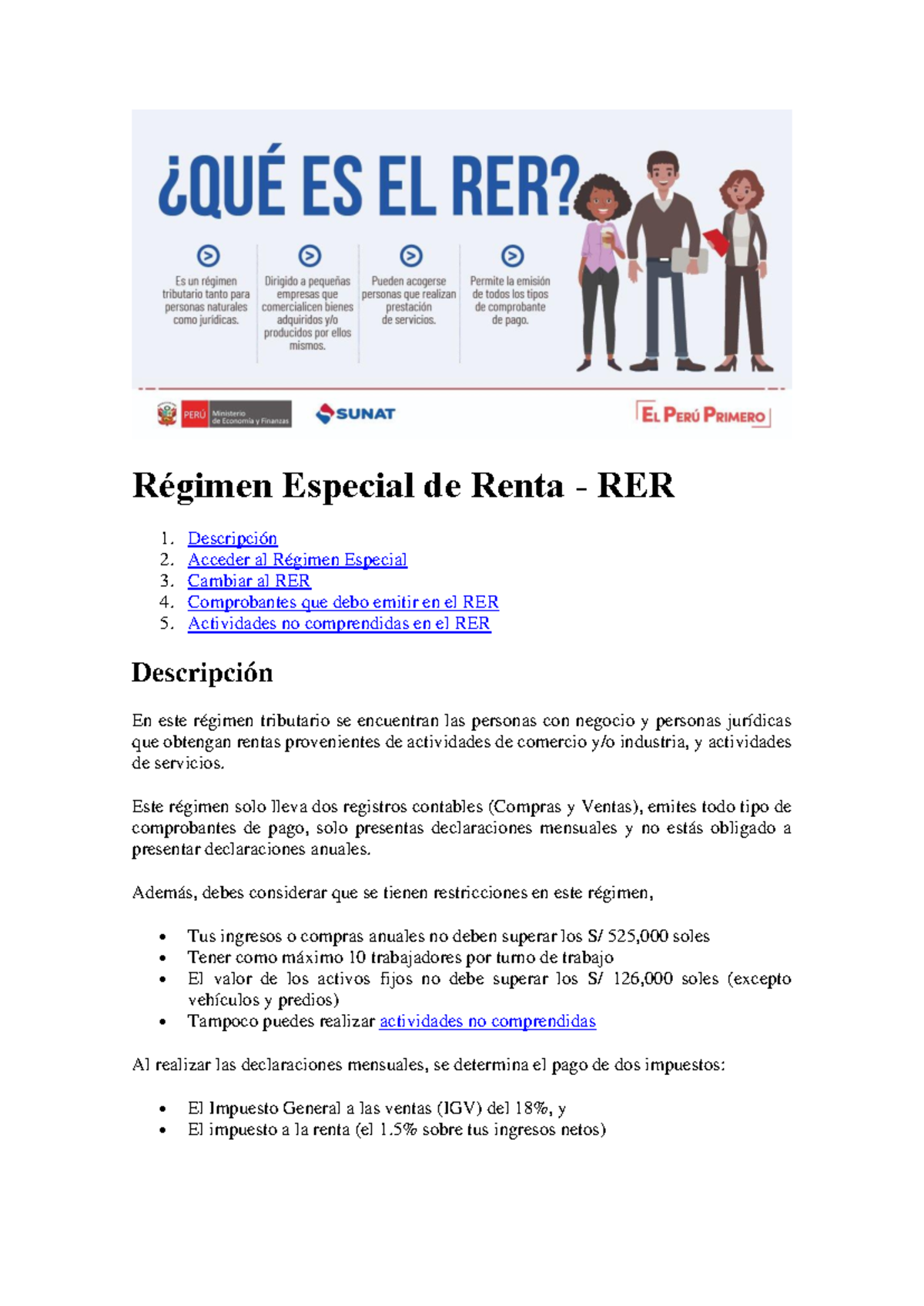 Régimen Especial de Renta (RER): Guía y Requisitos Importantes - Studocu