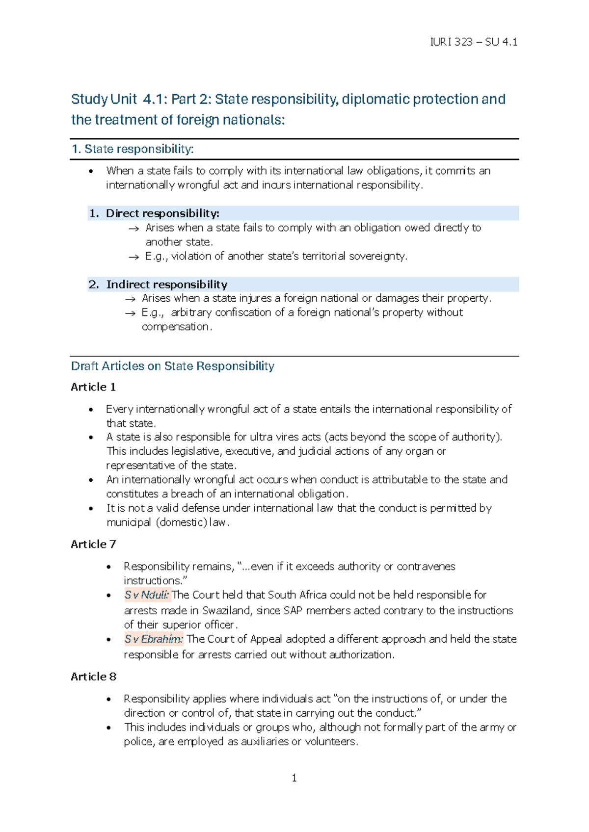 IURI 323 SU 4.1 Study Unit 4.1: State Responsibility & Diplomatic ...