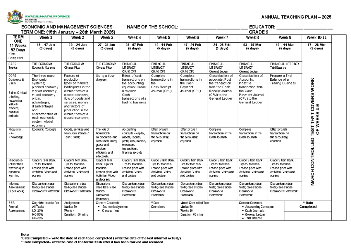 2025 EMS Annual Teaching Plan for Grade 9 Term 1 & 2 - Studocu