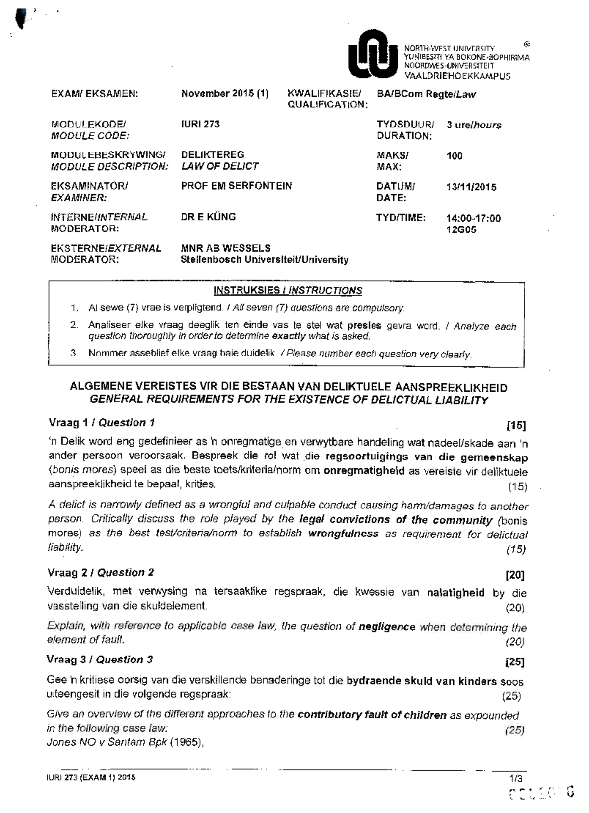 IURI 273: 2015 Final Exam Study Guide on Law of Delict - Studocu