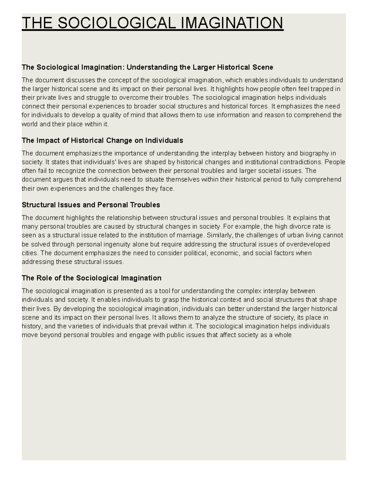 Sociological Imagination: Understanding History's Impact on Lives - Studocu