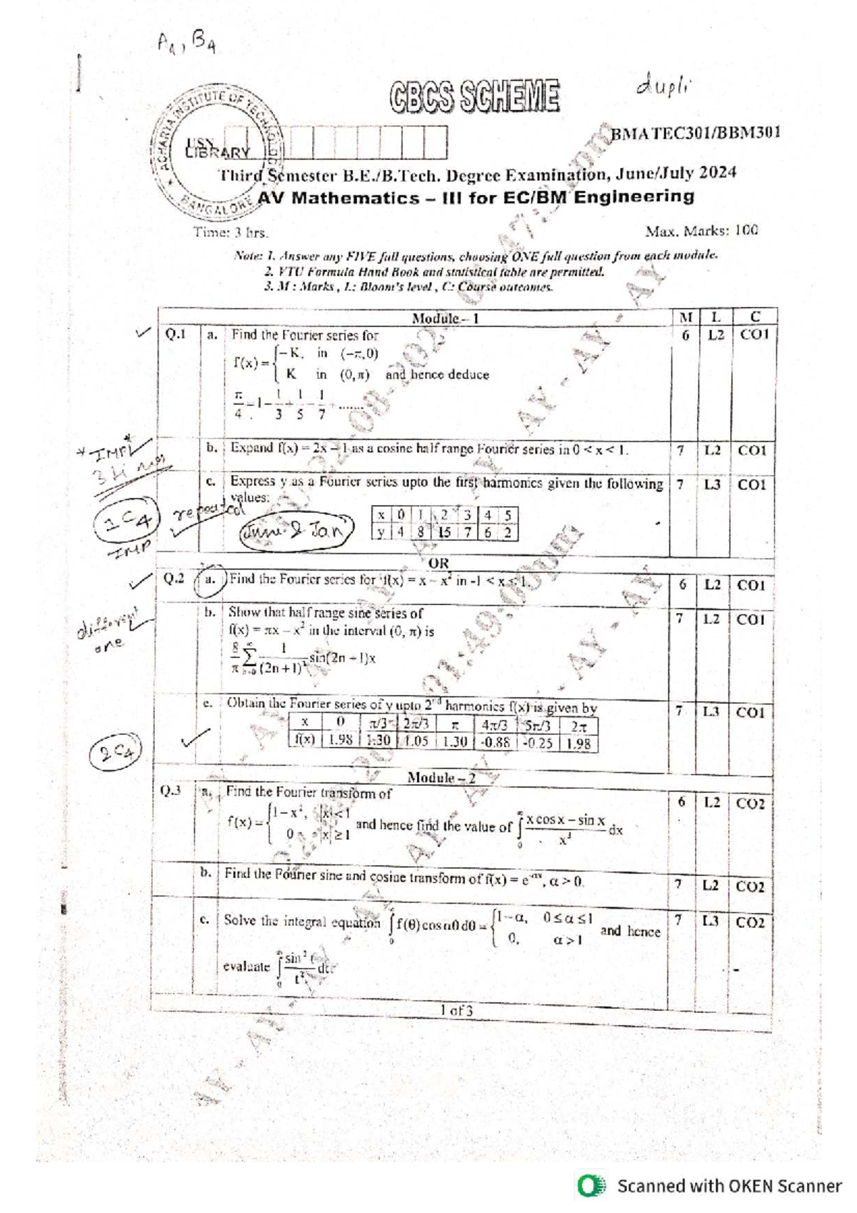 Maths QP - 3rd Sem Engineering (2024) - Fourier Series & Transforms ...