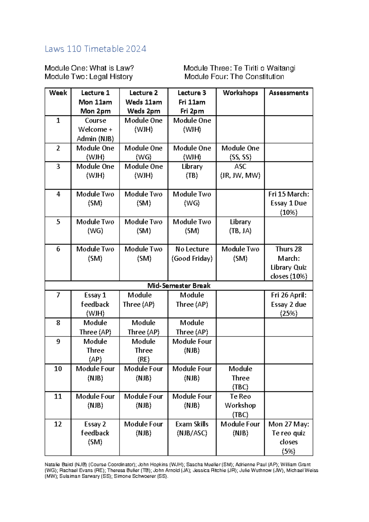 Laws 110 Timetable 2024 (Final Exam Schedule) - Studocu