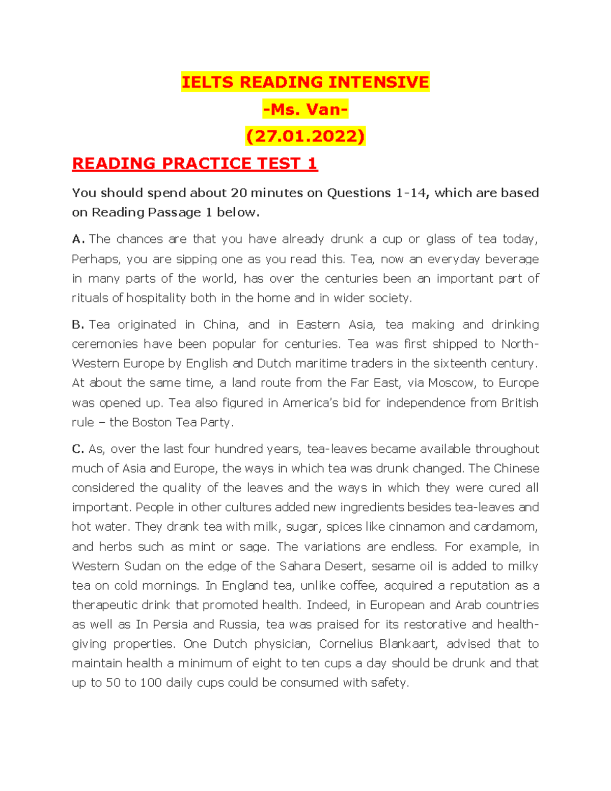 IELTS Reading Intensive Practice Test Notes - Studocu