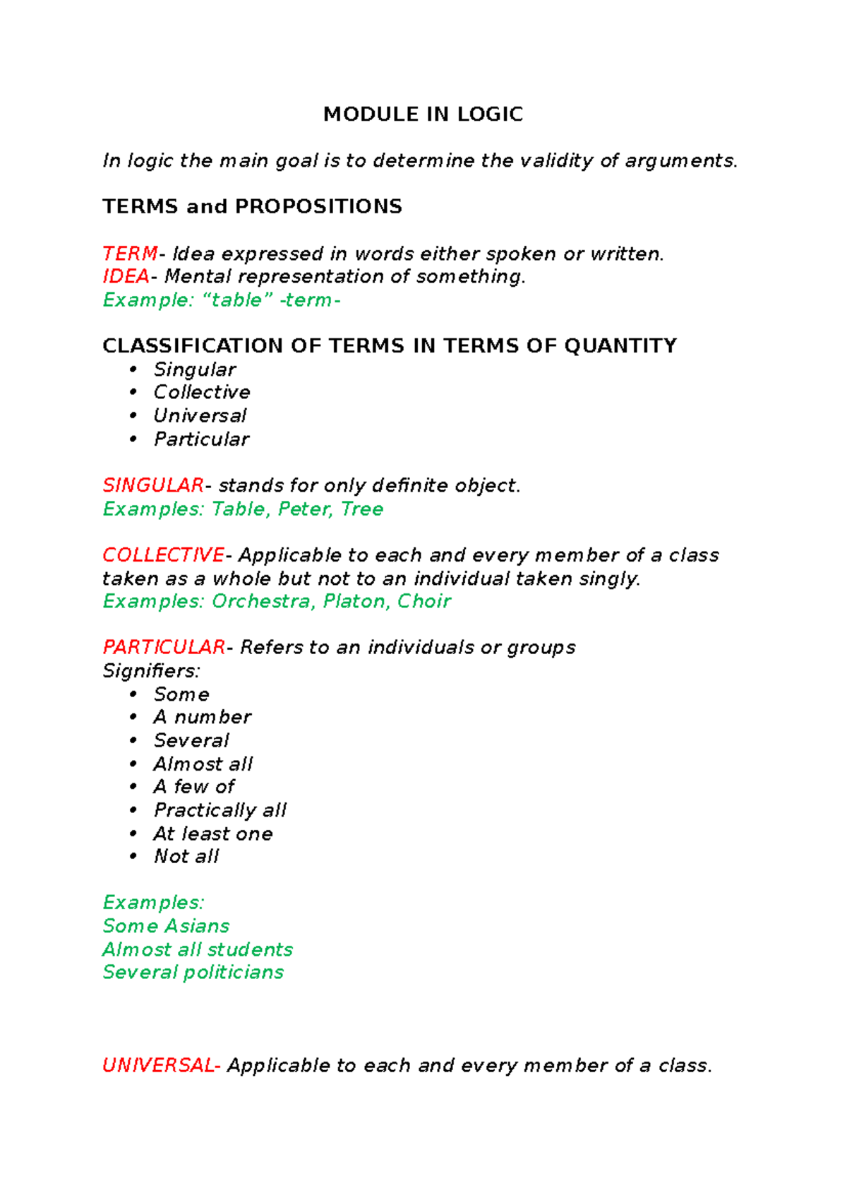 Module IN Logic: Understanding Terms and Propositions - Studocu