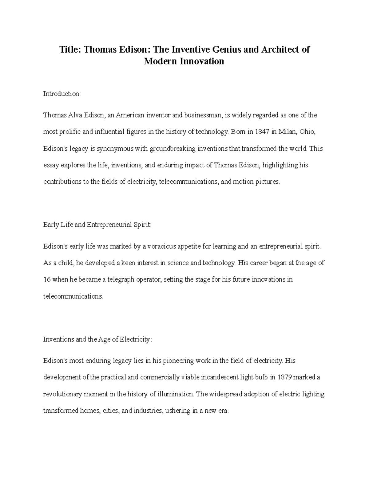 Tesla - Title: Thomas Edison: The Inventive Genius and Architect of ...