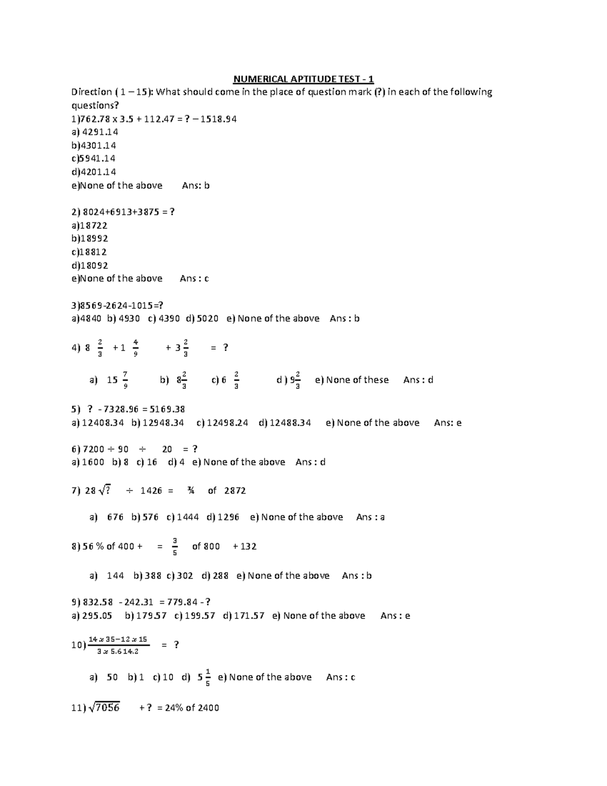 Numerical Aptitude Test 1: Practice Questions and Answers - Studocu
